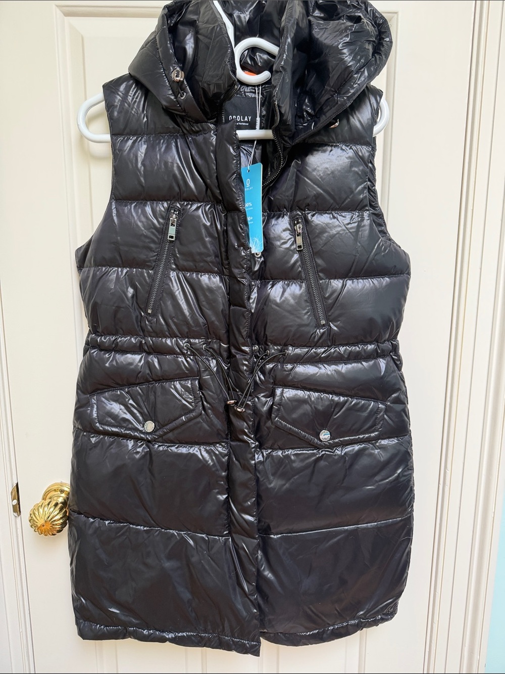 NWT OROLAY sz S Black longer length 90% Duck Down filled 700 puffer vest w hood
